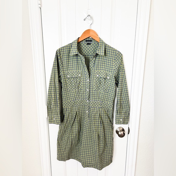 Theory Green and Blue Plaid Collared Cotton Dress Size 10 - Picture 1 of 2